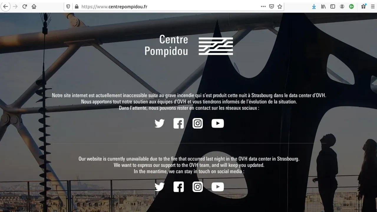Falla de sitio web Pompidou por incendio en OVH